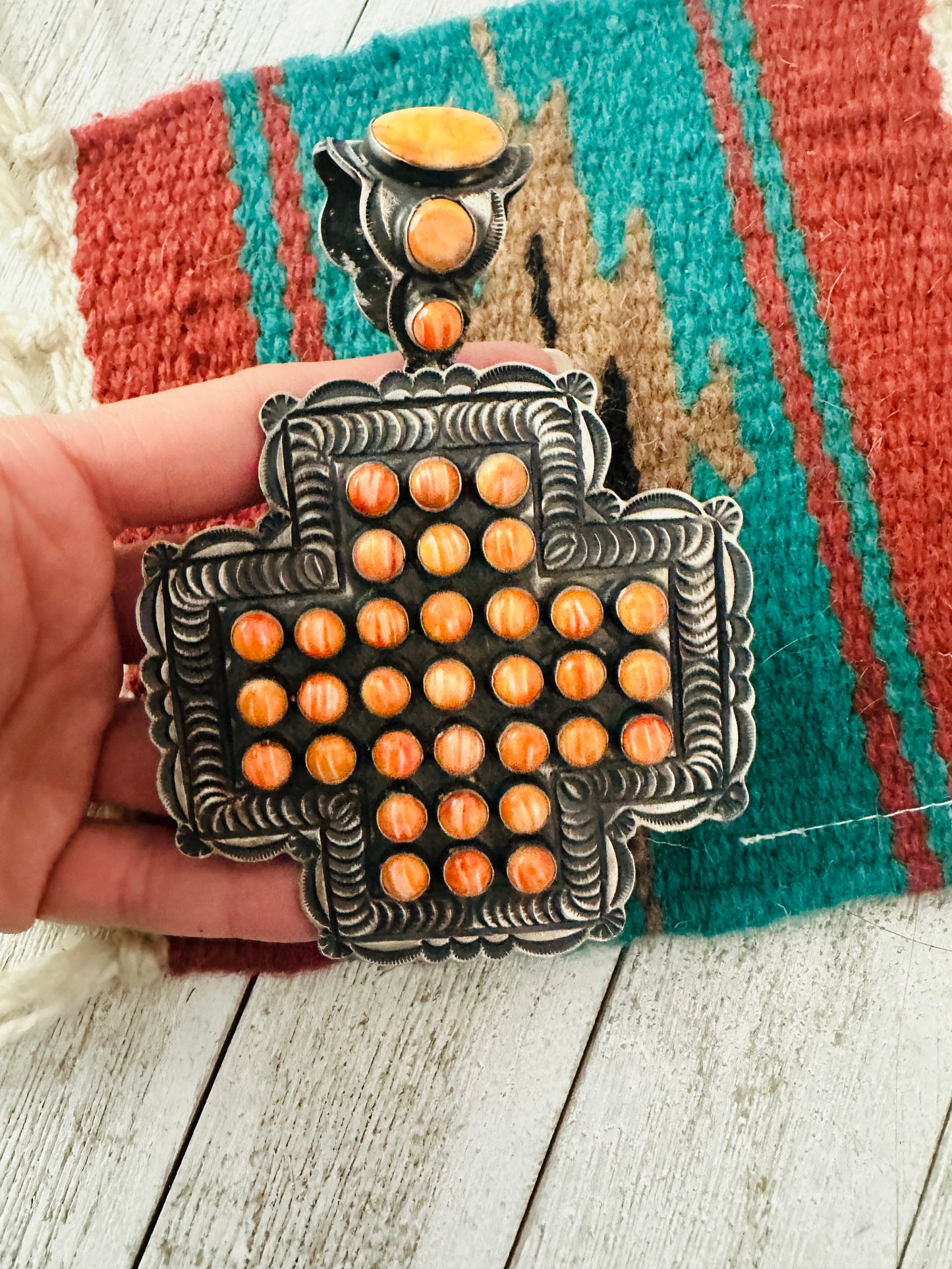 Handcrafted Sterling Silver & Orange Spiny Cross Pendant by Shawn Cayatineto