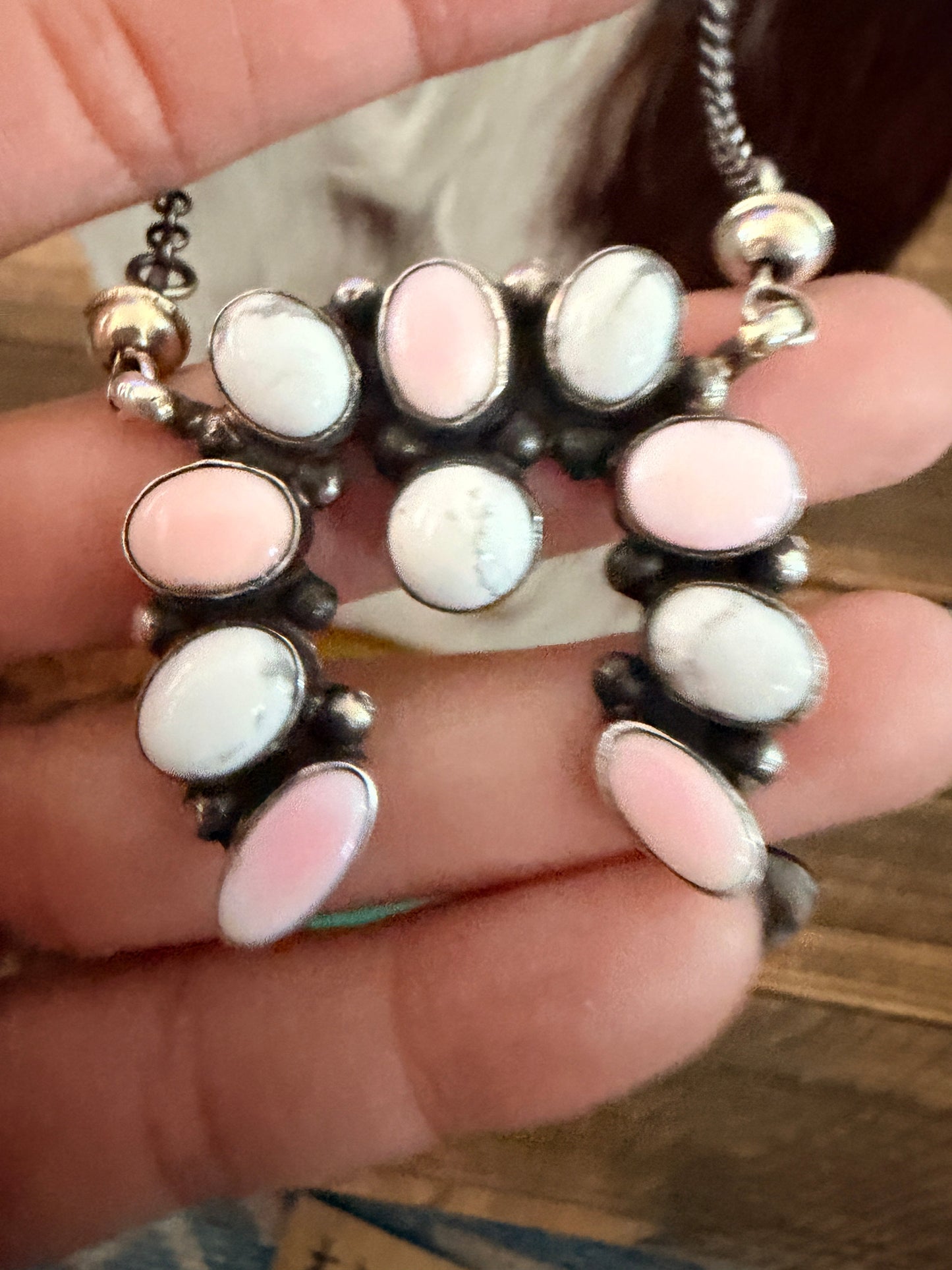 Handcrafted Queen Pink Conch, White Buffalo & Sterling Silver Naja Necklace by Jacqueline Silver