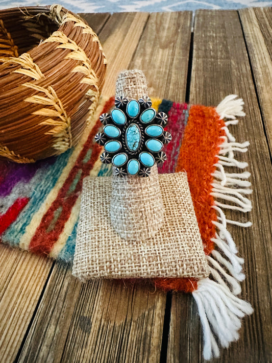 Handcrafted Kingman Turquoise & Sterling Silver Adjustable Cluster Ring