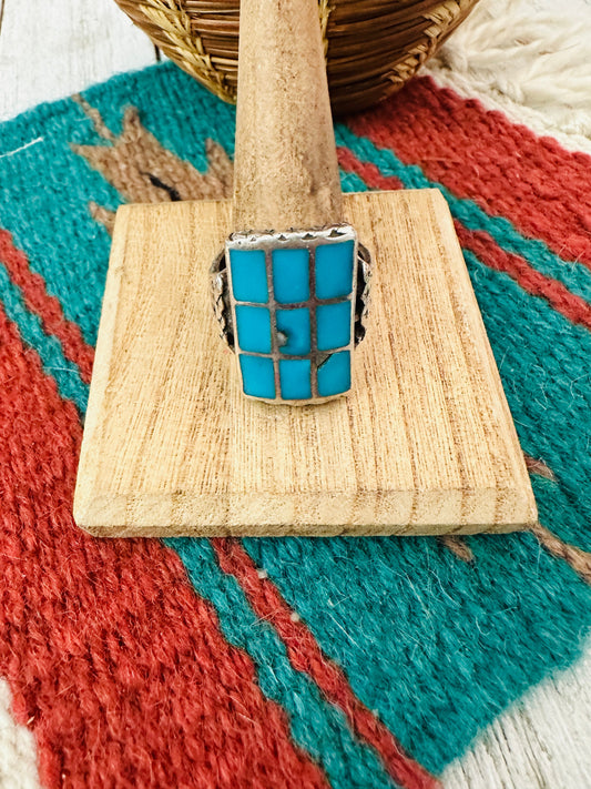 Old Pawn Vintage Handcrafted Sterling Silver & Turquoise Inlay Ring Size 12.5