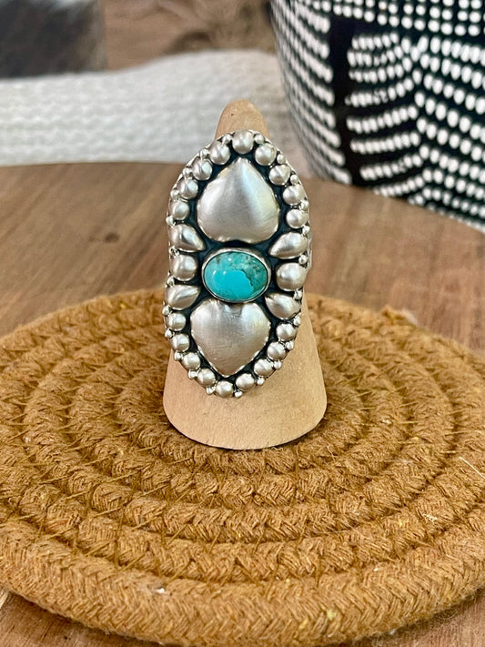 Beautiful Handmade Sterling Silver Heart & Turquoise Adjustable Ring