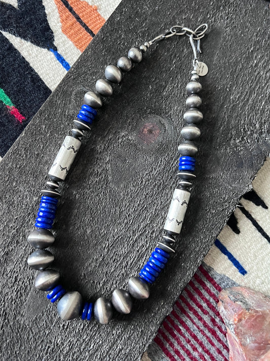Handcrafted Sterling Silver and Lapis Lazuli Single Strand Beaded Statement Necklace by Rose Martin, 16” + 2”