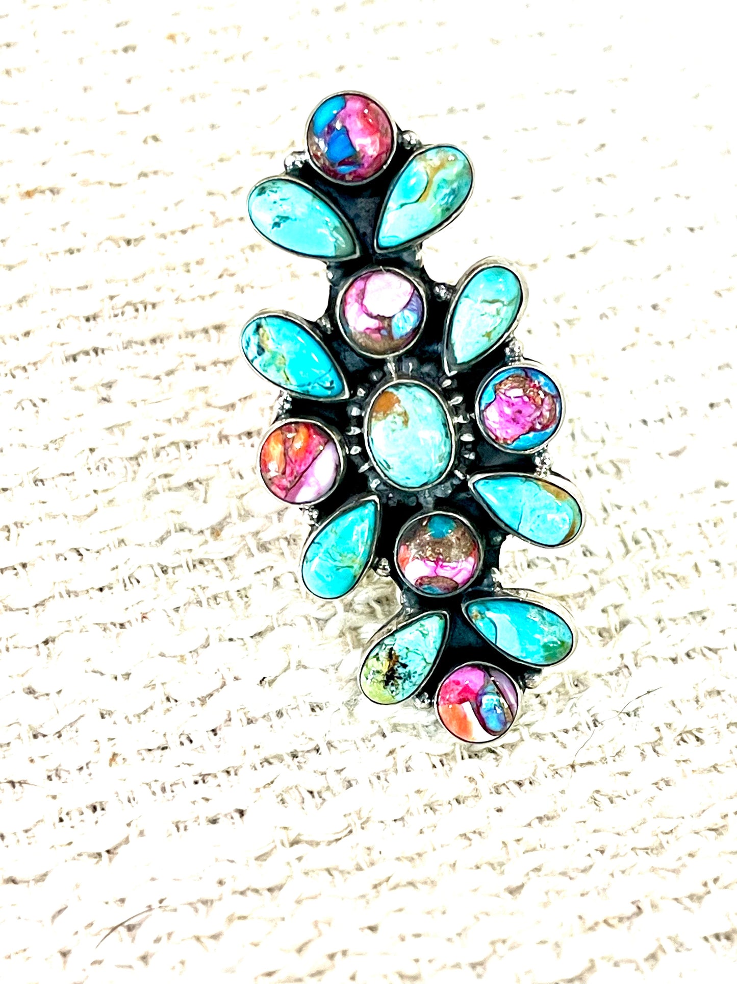 Handcrafted Sterling Silver & Multi Stone Adjustable Cluster Ring