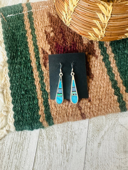 Handcrafted Sterling Silver & Multi Stone Inlay Dangle Earrings