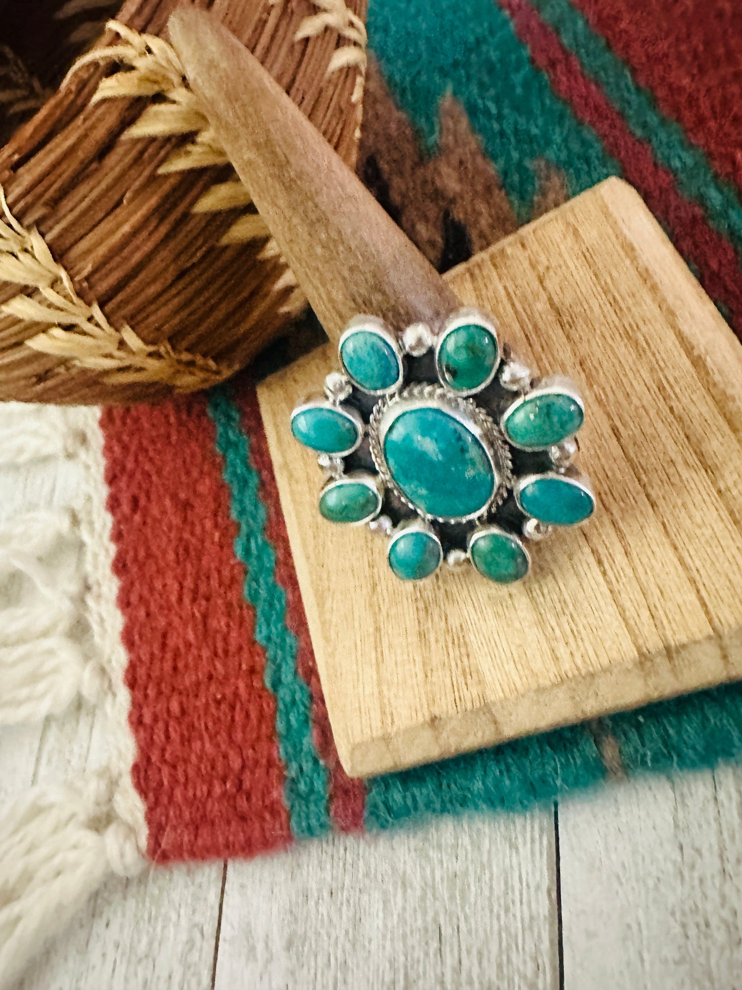 Handcrafted Sterling Silver & Turquoise Cluster Adjustable Ring