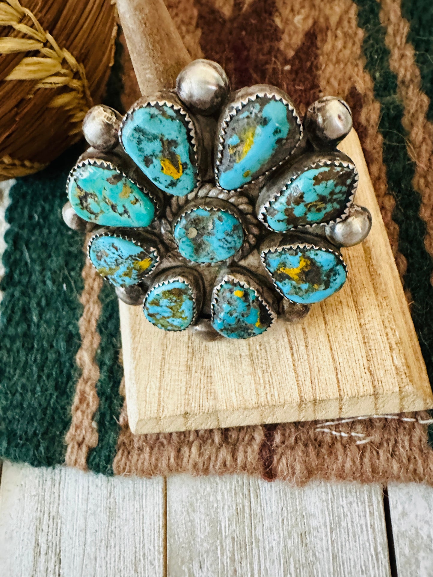 Old Pawn Handcrafted Sterling Silver & Turquoise Cluster Ring Size 7.25