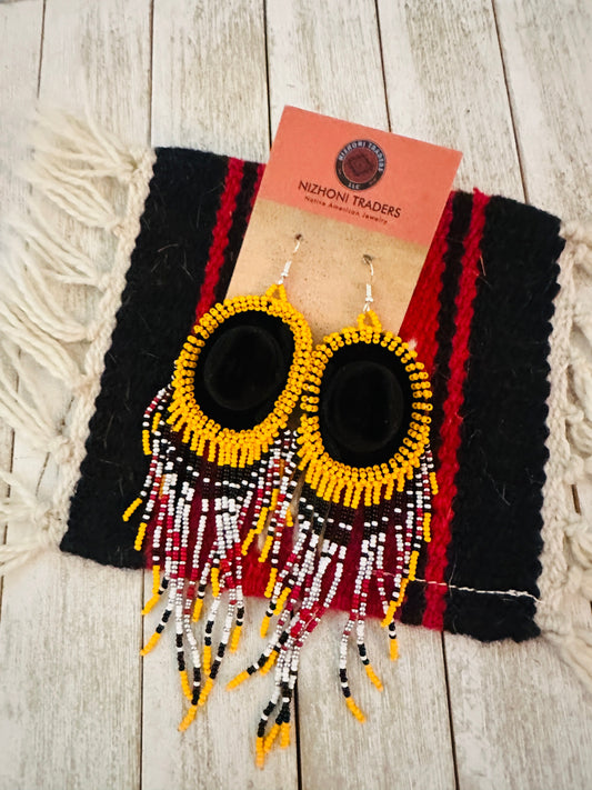 Handcrafted Beaded Cowboy Hat Dangle Earrings- orange