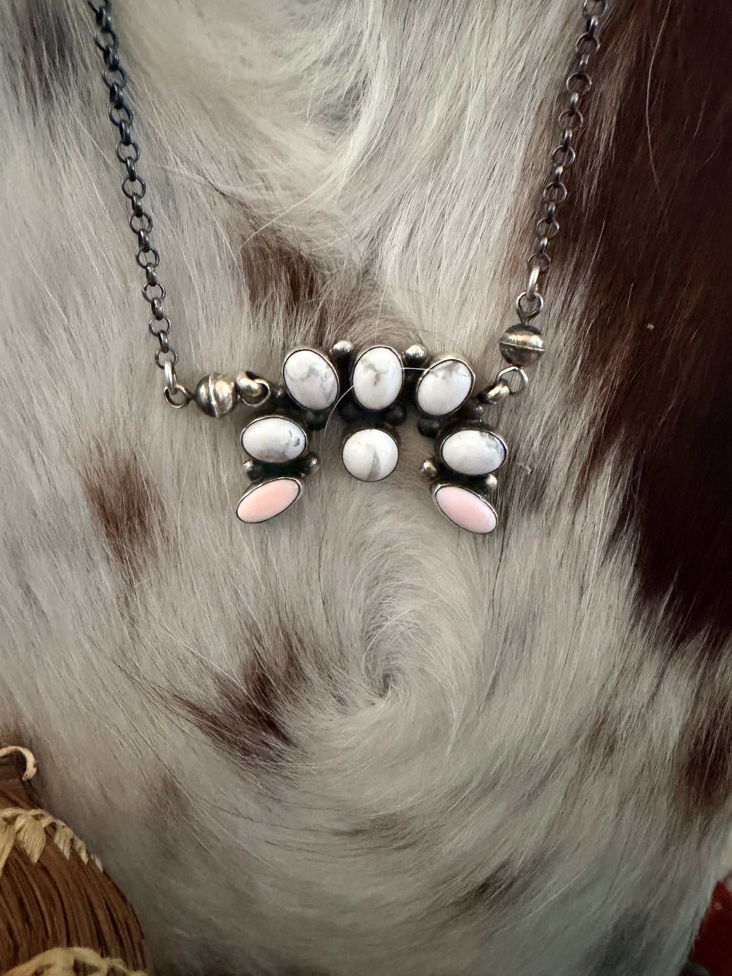 Handcrafted Queen Pink Conch, White Buffalo & Sterling Silver Naja Necklace by Jacqueline Silver