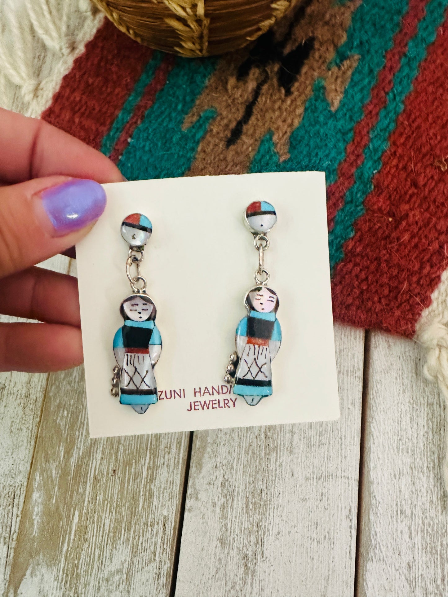Handcrafted Multi Stone & Sterling Silver Inlay Maiden Girl Dangle Earrings