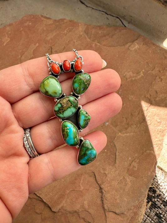 Handmade Sterling Silver, Coral & Sonoran Turquoise Cactus Necklace