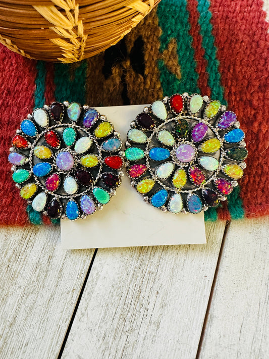 Handcrafted Multicolor Opal And Sterling Silver Cluster Post Earrings
