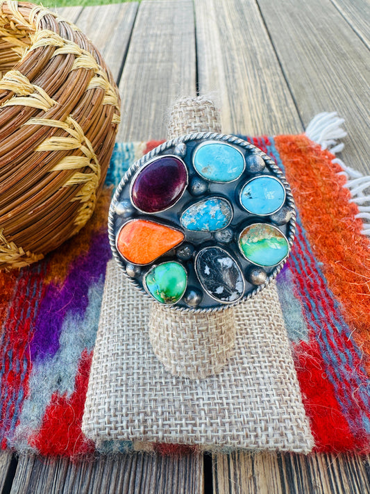 Handcrafted Sterling Silver & Multi Stone Cluster Adjustable Ring by Vicky Hicks