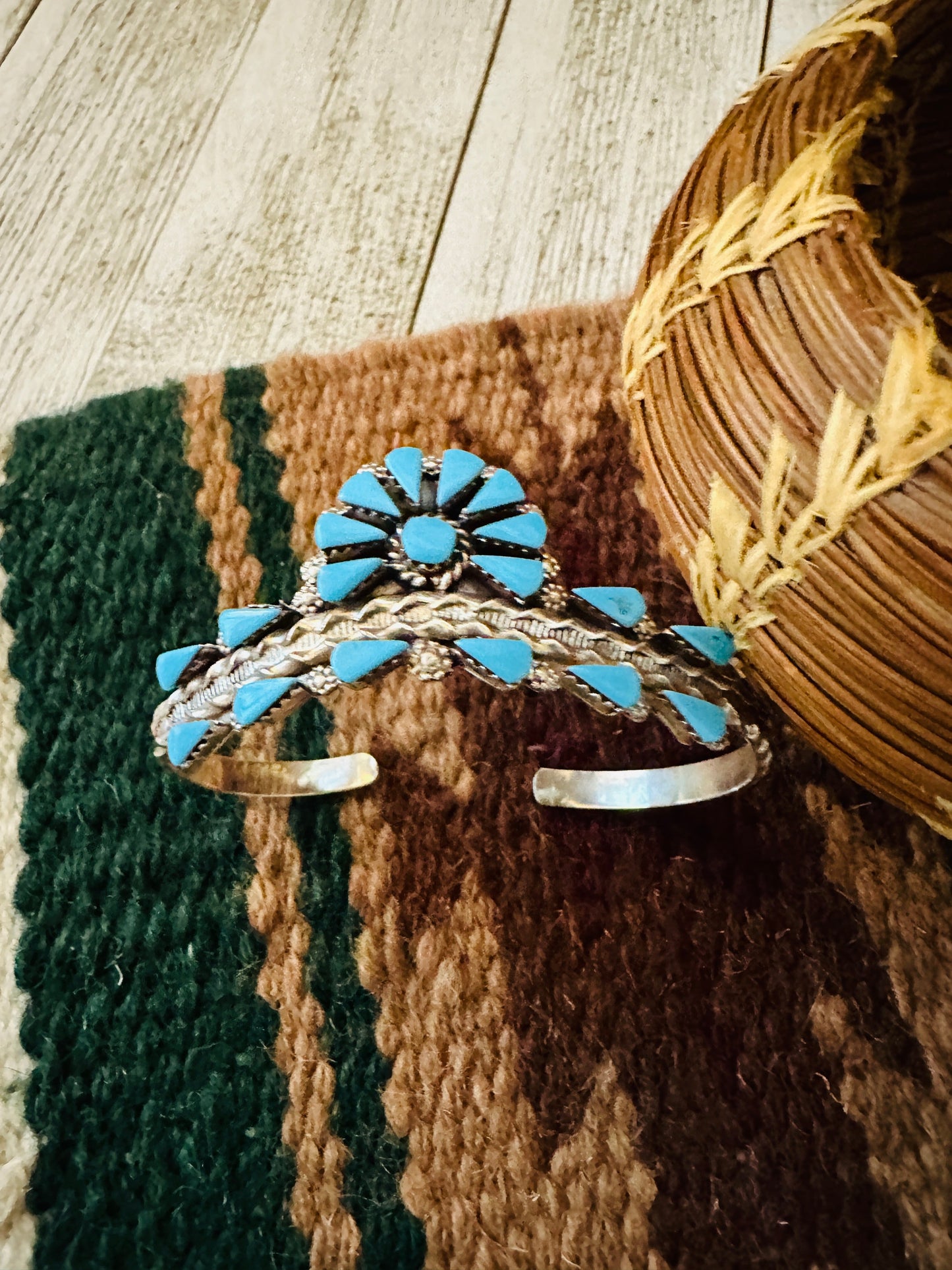 Zuni Sterling Silver & Turquoise Cluster Cuff Bracelet