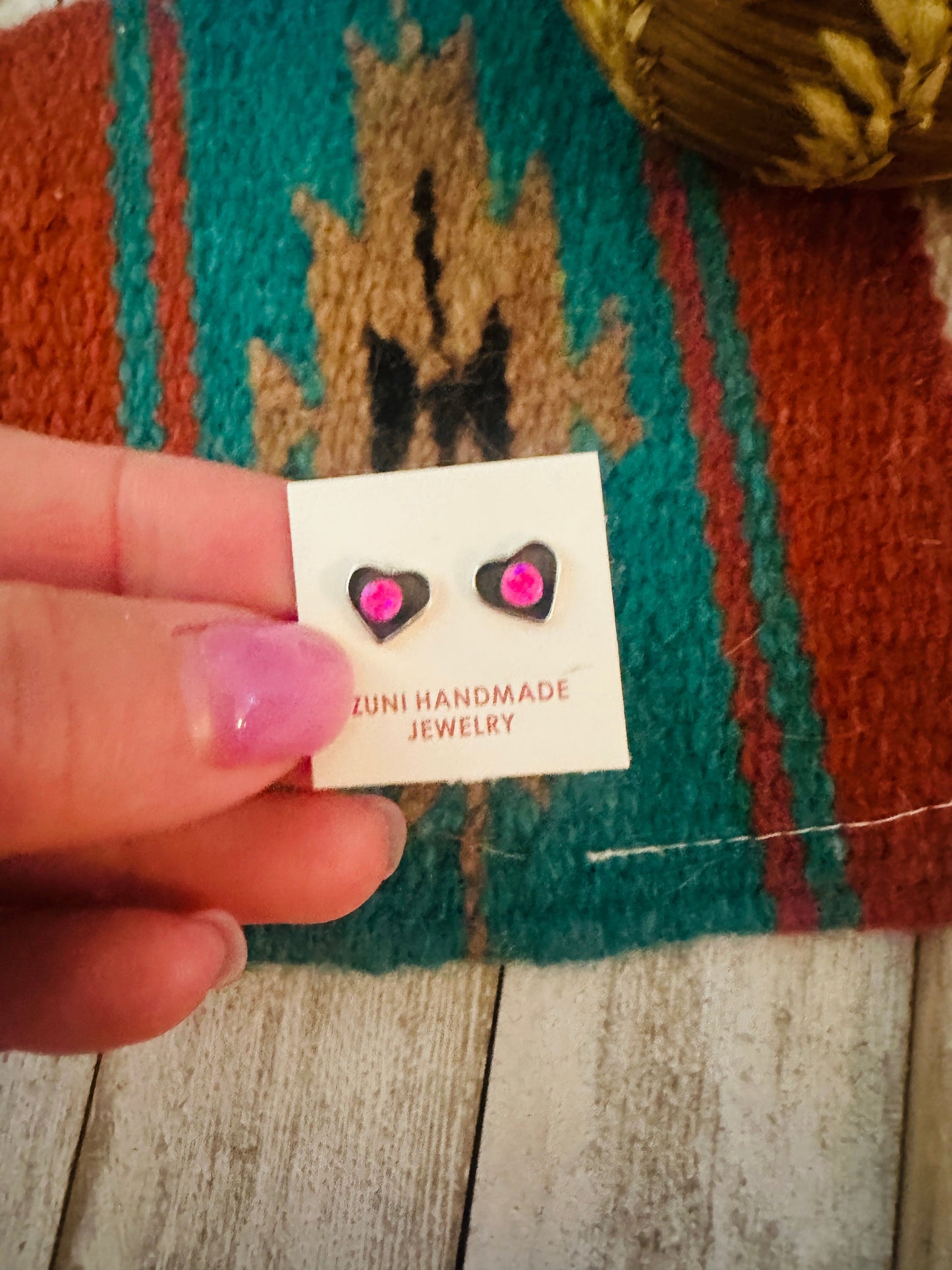 Handcrafted Sterling Silver & Pink Opal Stud Heart Earrings