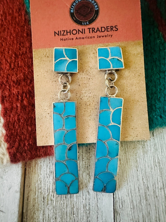 Handcrafted Sterling Silver & Turquoise Inlay Dangle Earrings