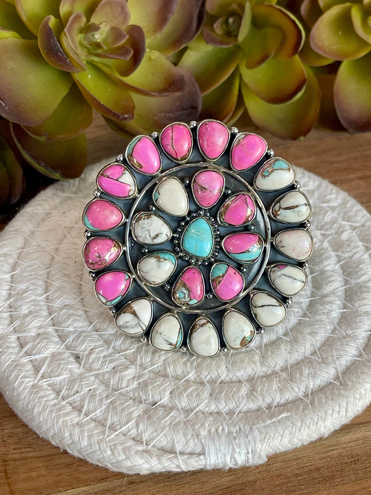 Handmade Cotton Candy Sterling Adjustable Cluster Stone Ring