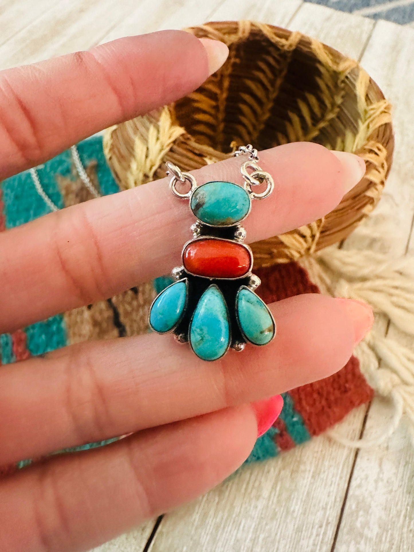 ** Christmas Collection ** Handmade Sterling Silver, Turquoise & Coral Necklace Signed Nizhoni