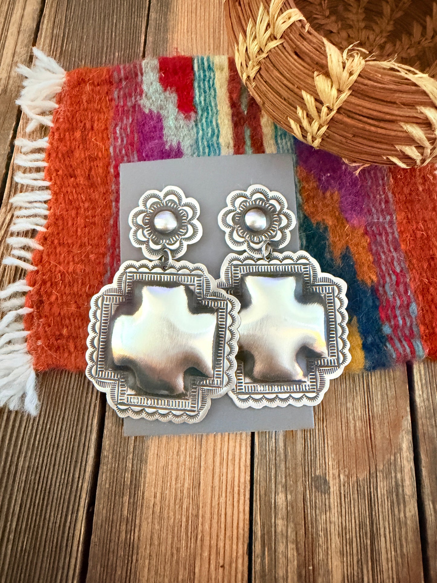 Handcrafted Sterling Silver Concho Cross Dangle Earrings by Leander Tahe
