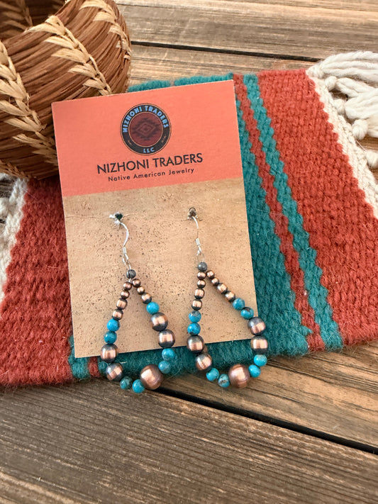 Handcrafted Copper & Turquoise Beaded Dangle Hoop Earrings