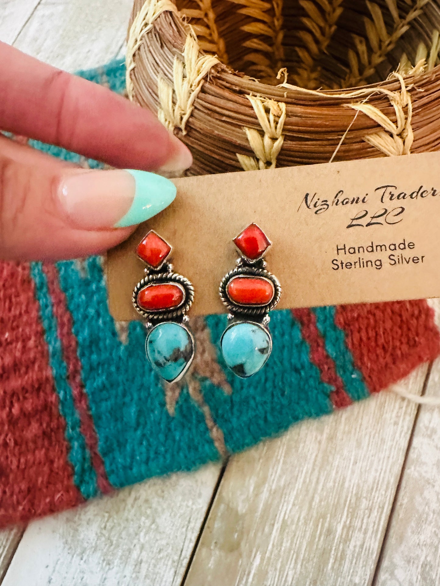 ** Christmas Collection ** Handmade Sterling Silver, Coral & Turquoise Earrings Signed Nizhoni
