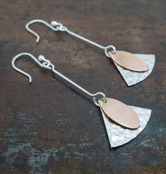Hammered Copper & Sterling Silver Shapes Drop Earrings