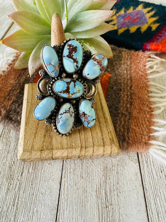 Handcrafted Golden Hills Turquoise & Sterling Silver Cluster Ring Size 10