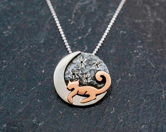 Cat on the Moon Sterling Silver Copper Pendant Necklace