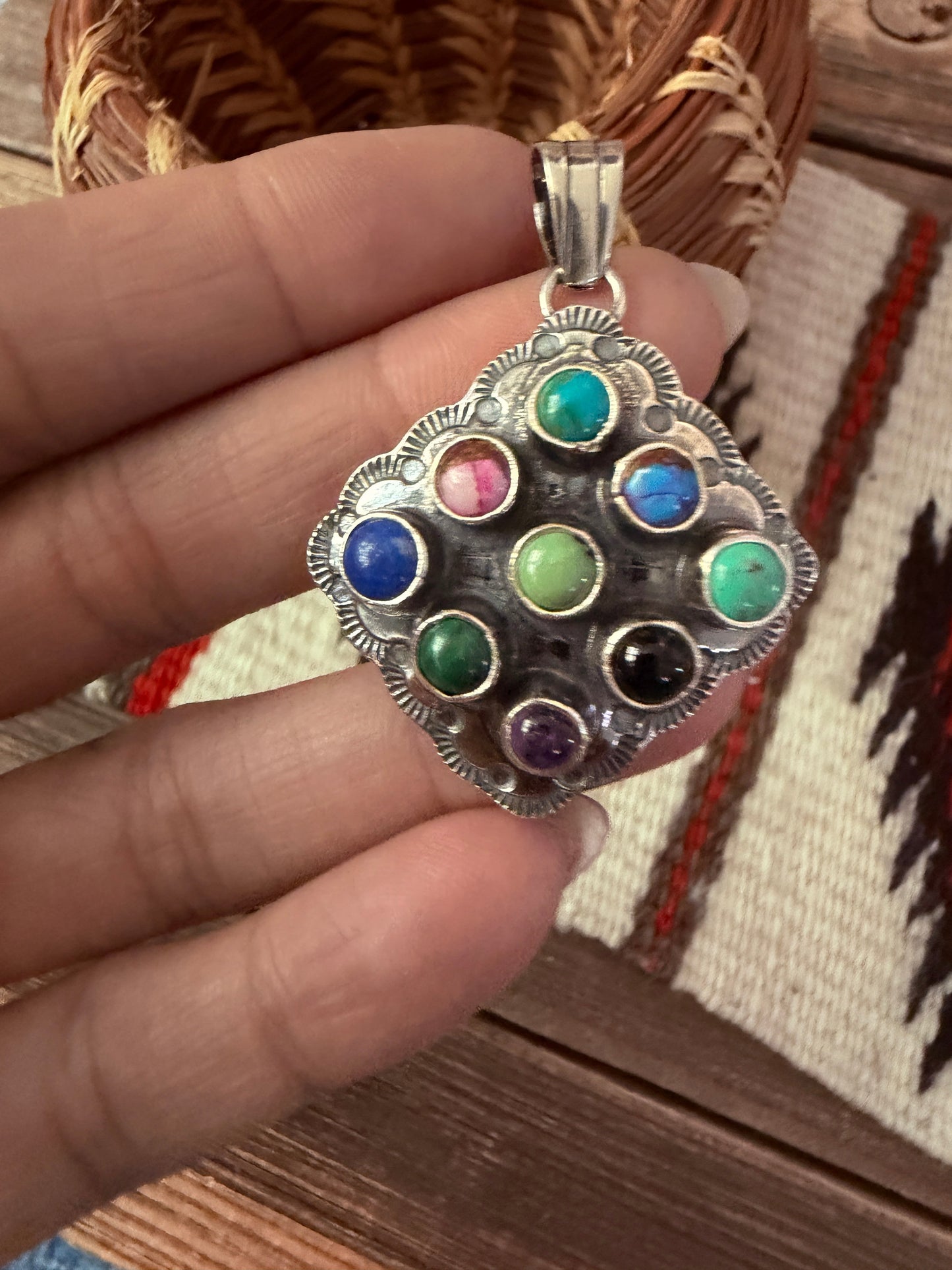 Handcrafted Sterling Silver and Multi Stone Cluster Bear Pendant by Tina Benally