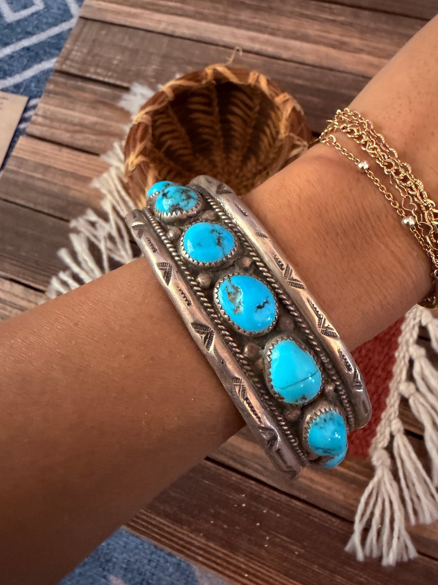 Handcrafted Old Pawn Sterling Silver & Turquoise Cuff Bracelet
