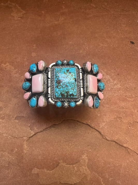 Handcrafted Sterling Silver, Pink Conch & Turquoise Bracelet Cuff Signed Leroy James