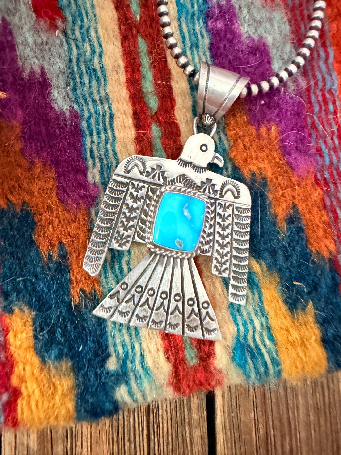 Handcrafted Sterling Silver & Turquoise Thunderbird Pendant by Leroy James