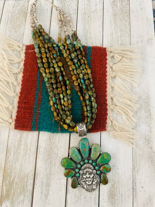 Stunning Handcrafted Sterling Silver & Royston Turquoise Indian Chief Beaded Necklace