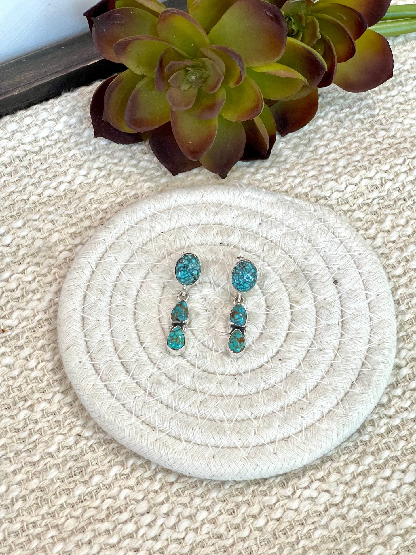 Handmade Sterling Silver Number 8 Turquoise Post Dangle Earrings Signed Nizhoni