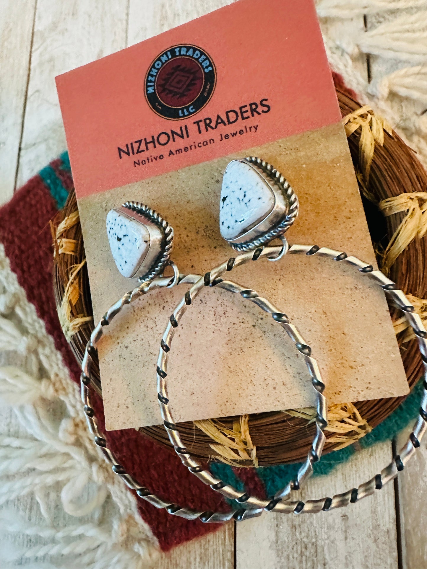 Handcrafted White Buffalo and Sterling Silver Dangle Hoop Earrings