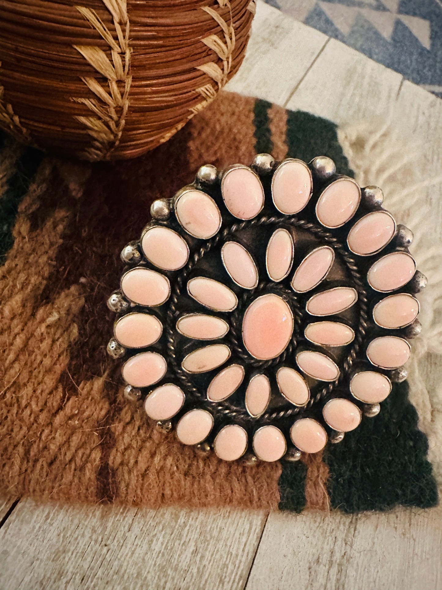 Handcrafted Queen Pink Conch Shell & Sterling Silver Cluster Cuff Bracelet