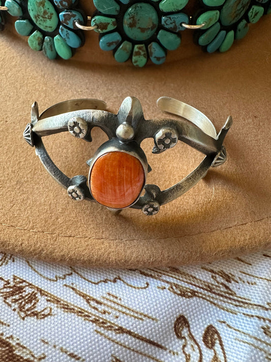 Handcrafted Single Stone Orange Spiny & Sterling Silver Cuff Bracelet by Chimney Butte
