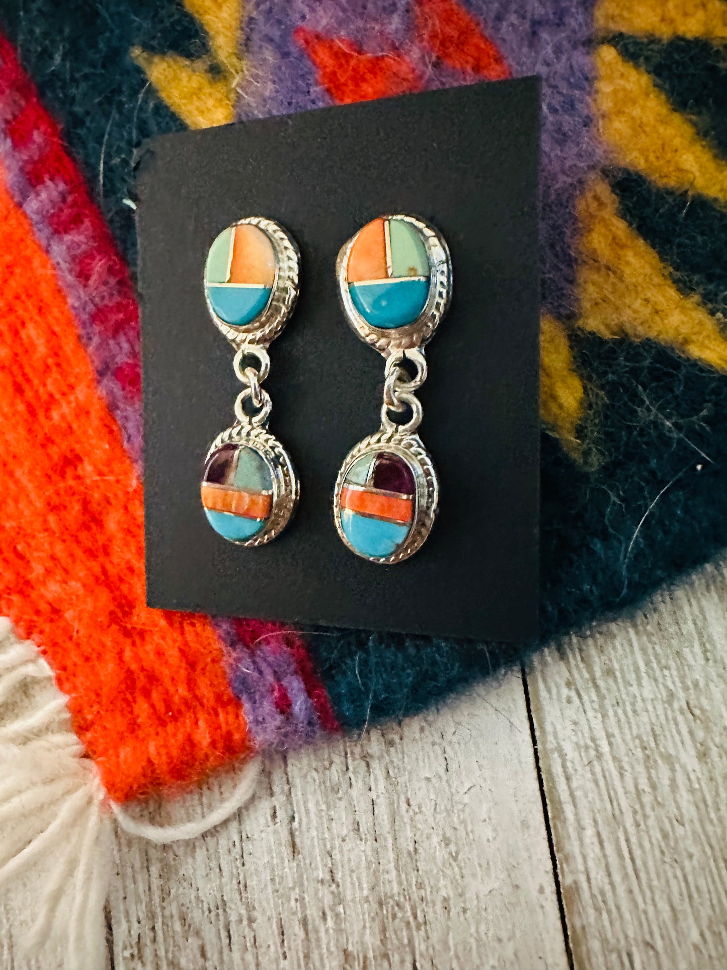 Handcrafted Sterling Silver & Multi Stone Inlay Dangle Earrings