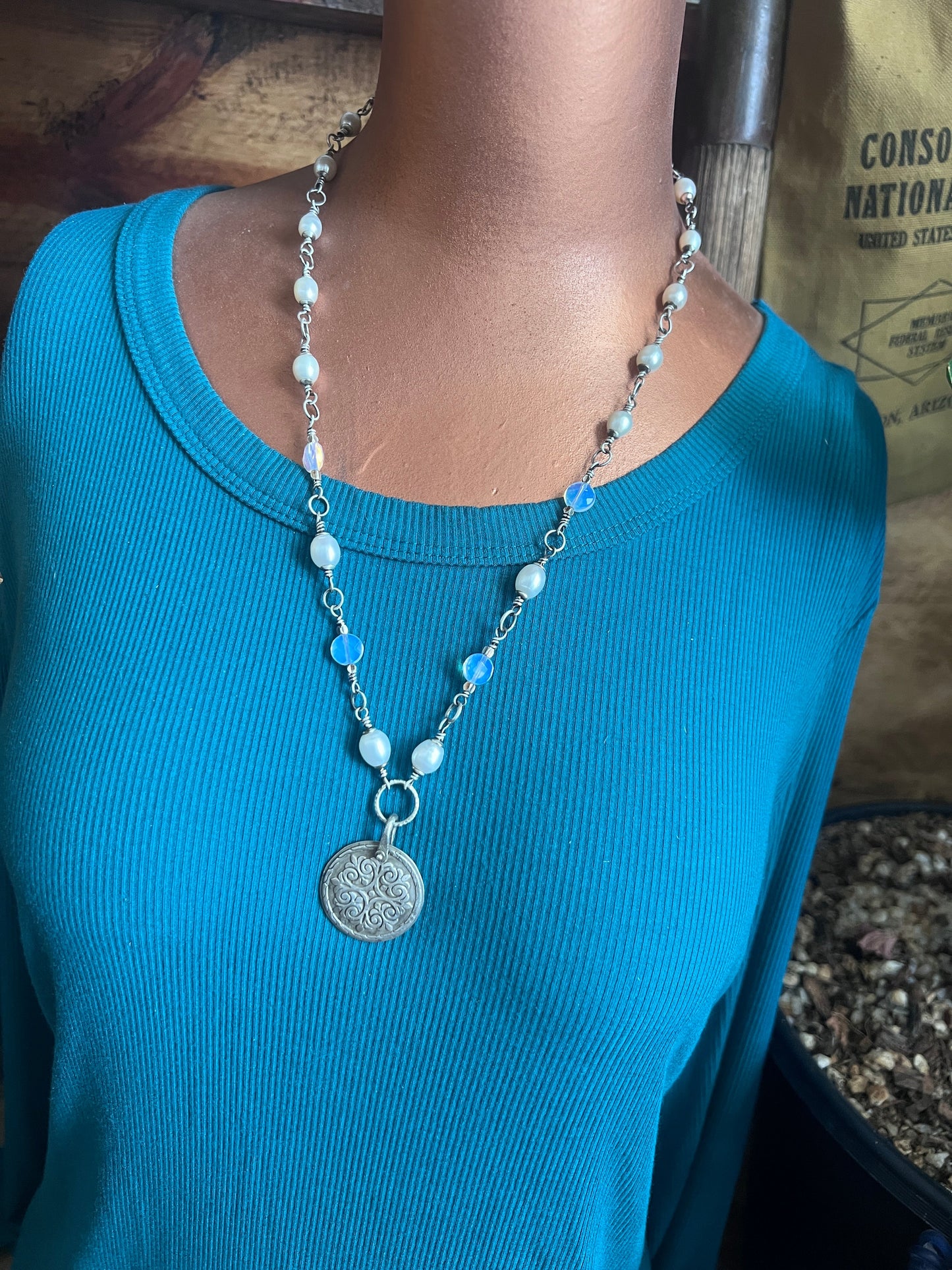 Tularosa Rosary Style Sterling Silver and Freshwater Pearl Siren’s Song Relic Coin Beaded Necklace