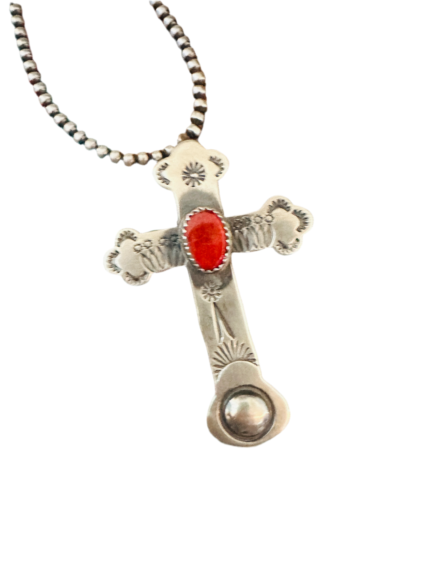 Handcrafted Red Spiny & Sterling Silver Cross Pendant