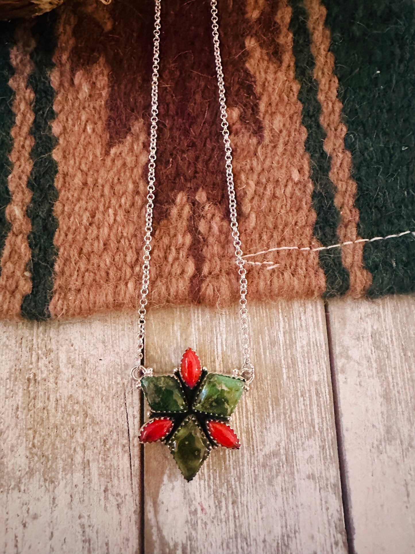 ** Christmas Collection ** Handmade Sterling Silver, Turquoise & Coral Necklace Signed Nizhoni