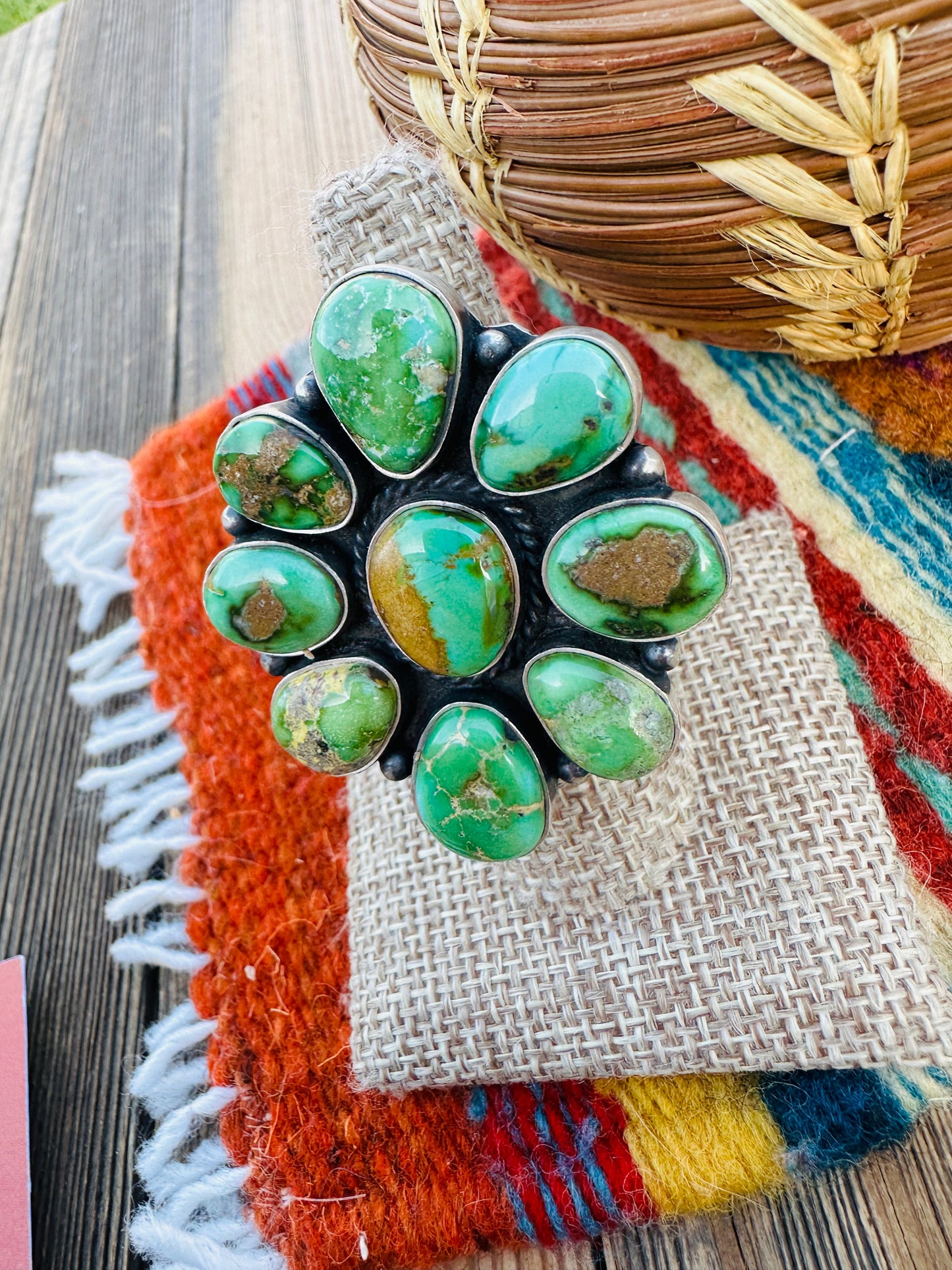 Handcrafted Sonoran Gold Turquoise & Sterling Silver Adjustable Cluster Ring by Elouise Richards