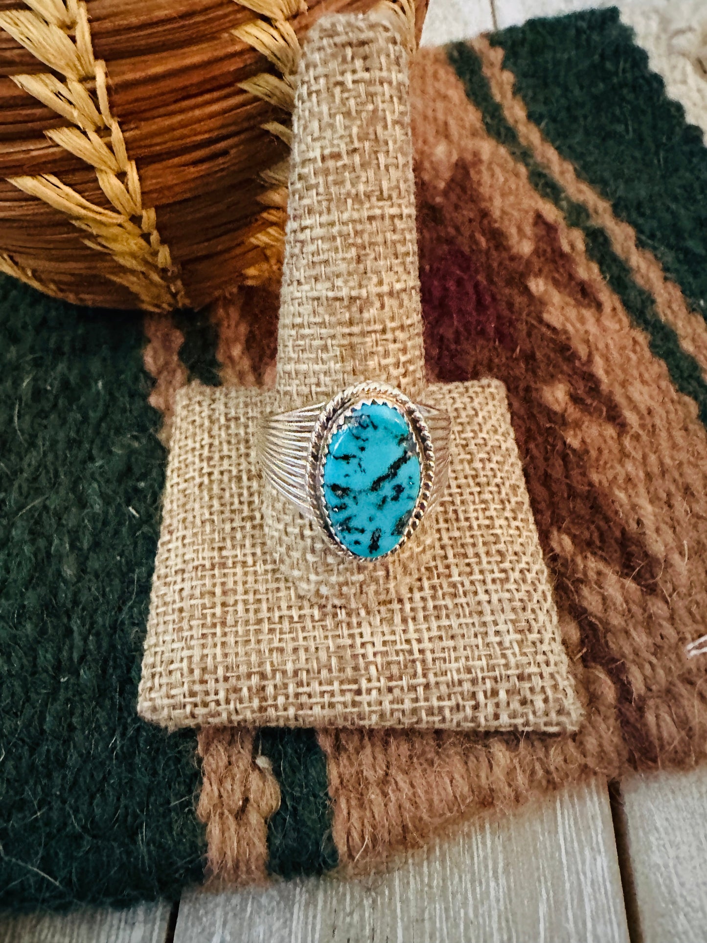 Old Pawn Handcrafted Turquoise & Sterling Silver Ring Size 12