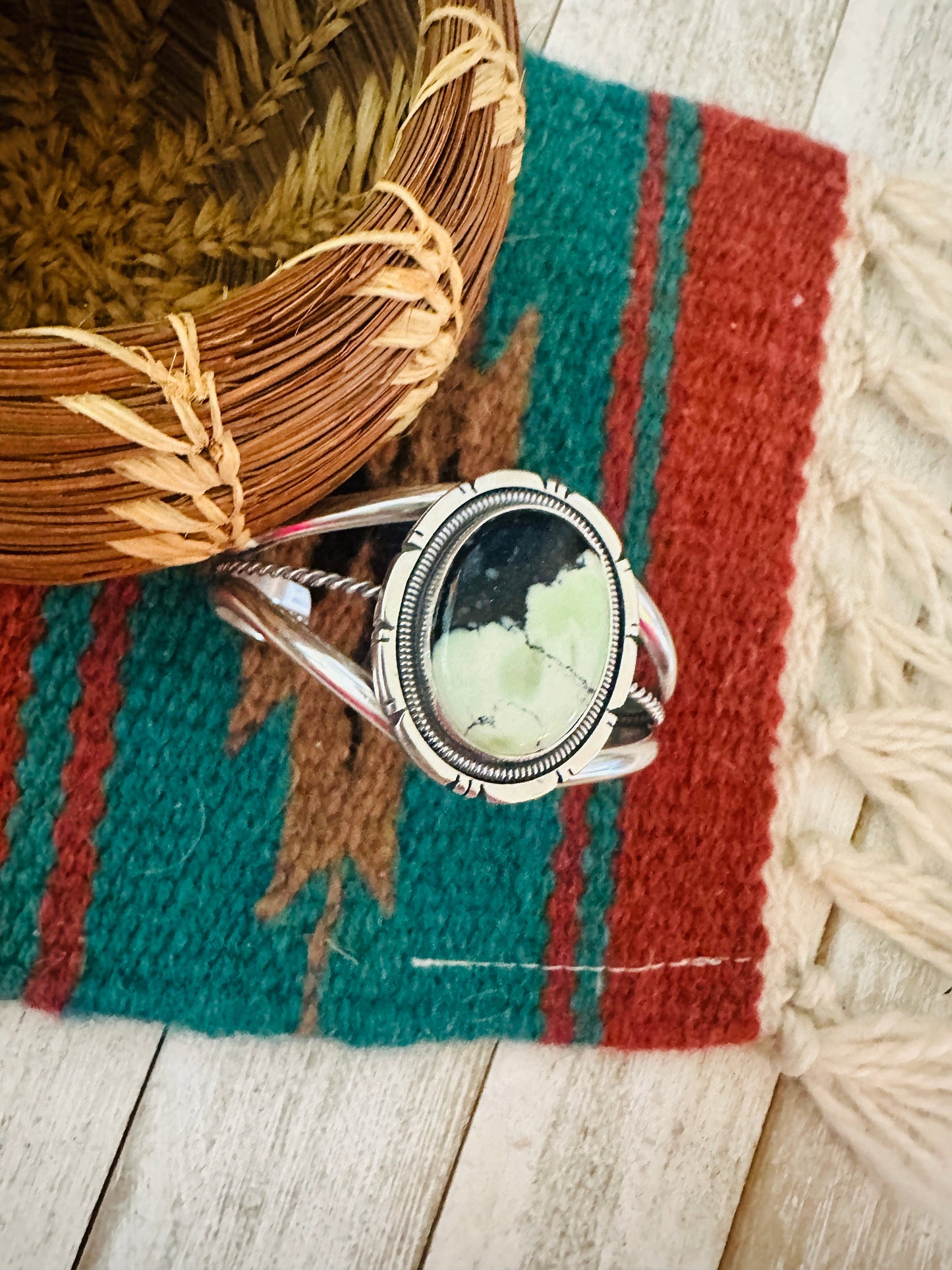 Handcrafted New Lander Turquoise & Sterling Silver Cuff Bracelet by Wydell Billie