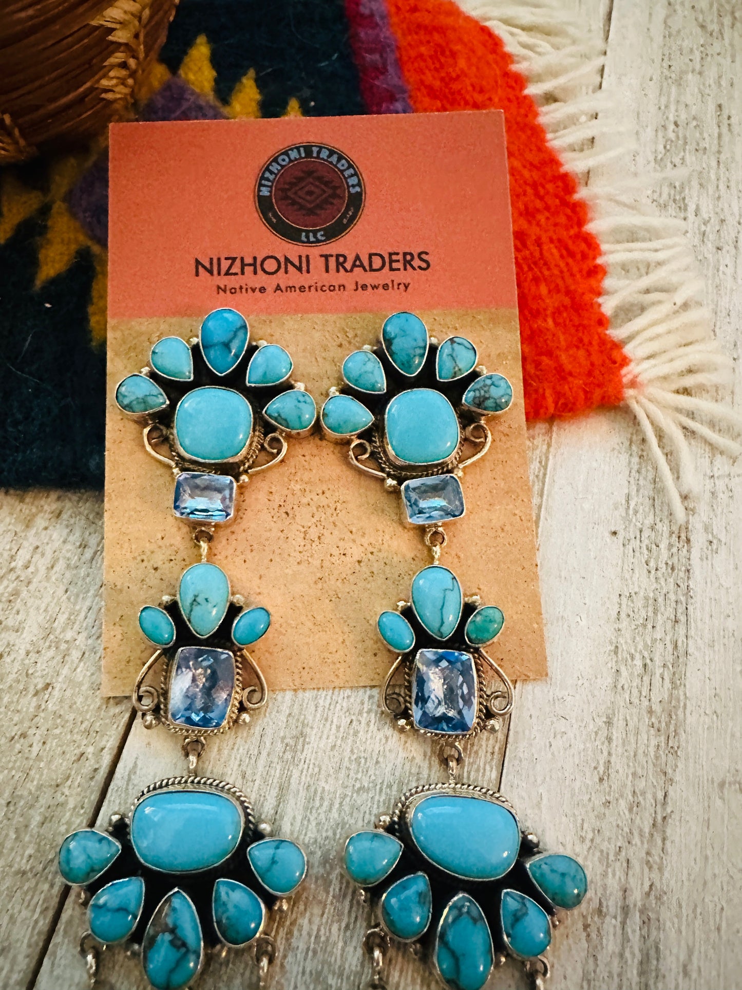 Handcrafted Turquoise, Topaz & Sterling Silver Chandelier Dangle Earrings