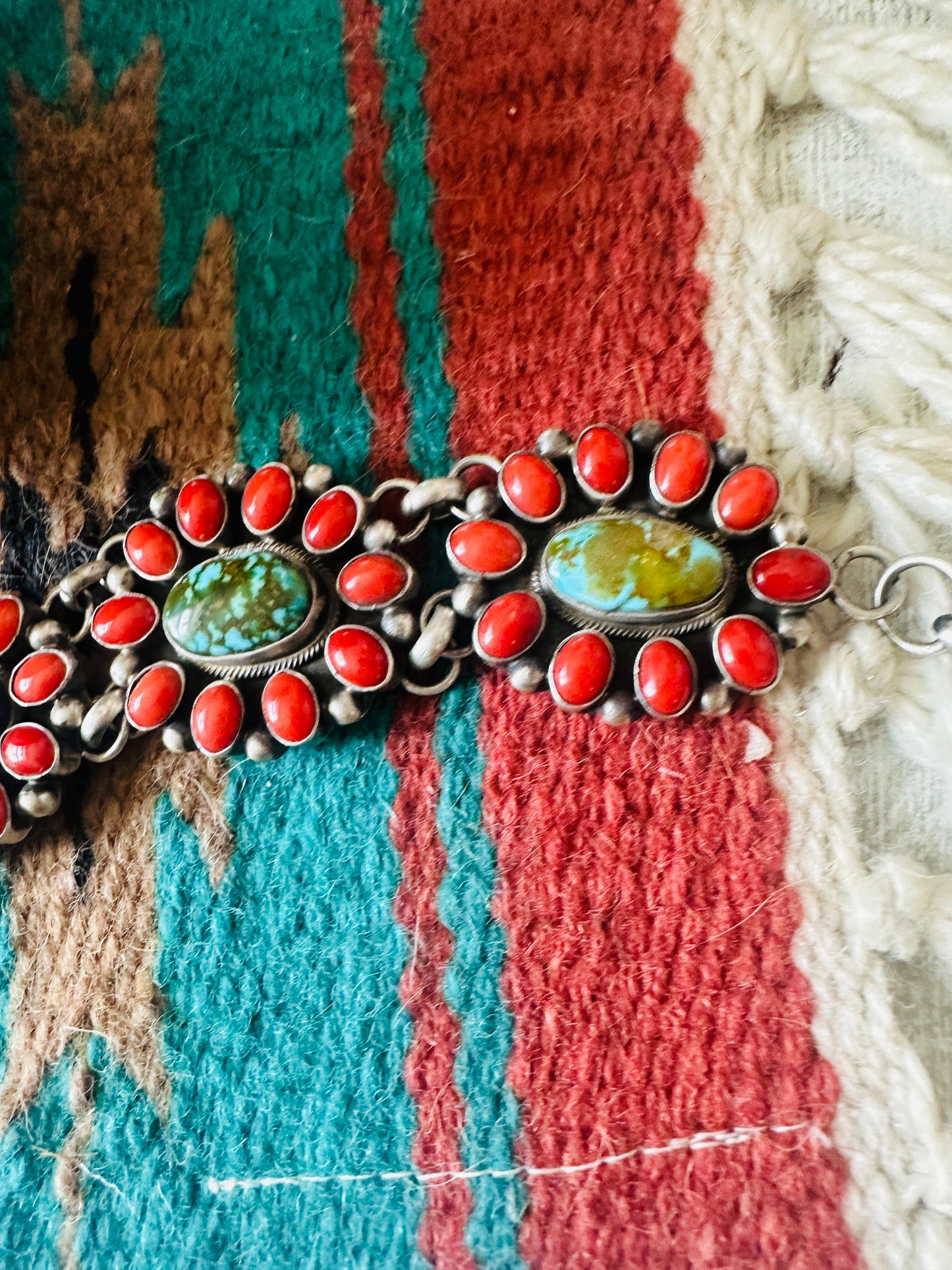 Handcrafted Coral, Turquoise & Sterling Silver Link Bracelet
