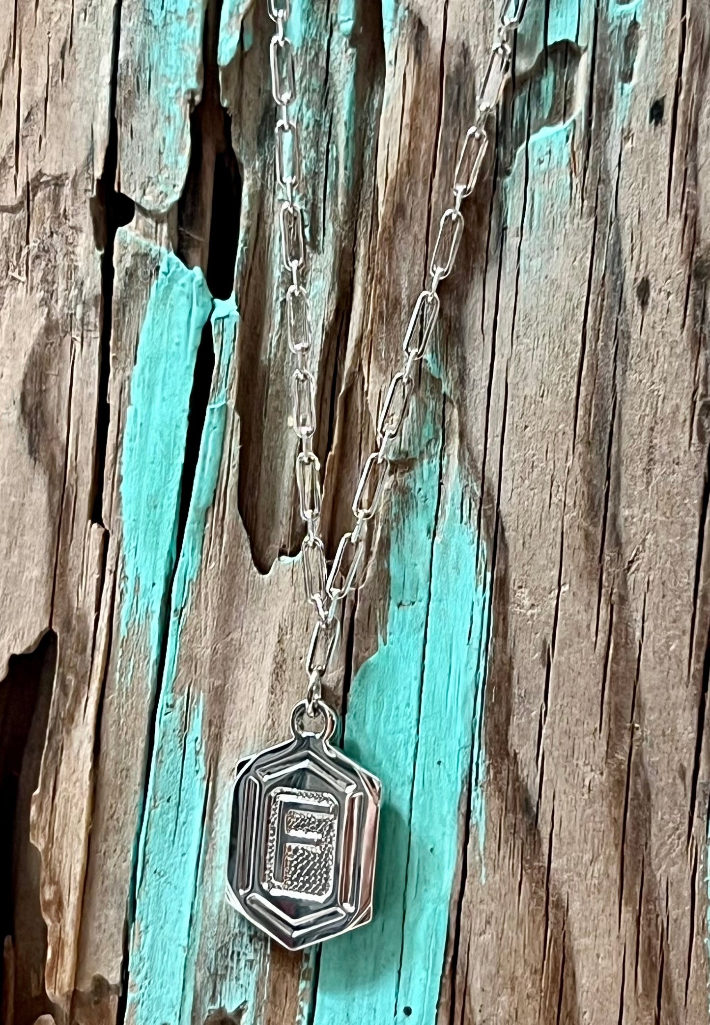 Hexagon Tag Initial “F” Pendant Necklace
