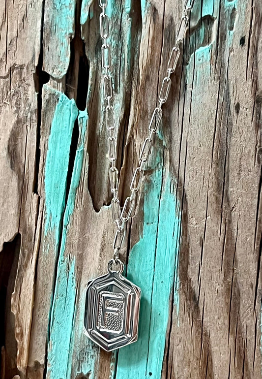Hexagon Tag Initial “F” Pendant Necklace