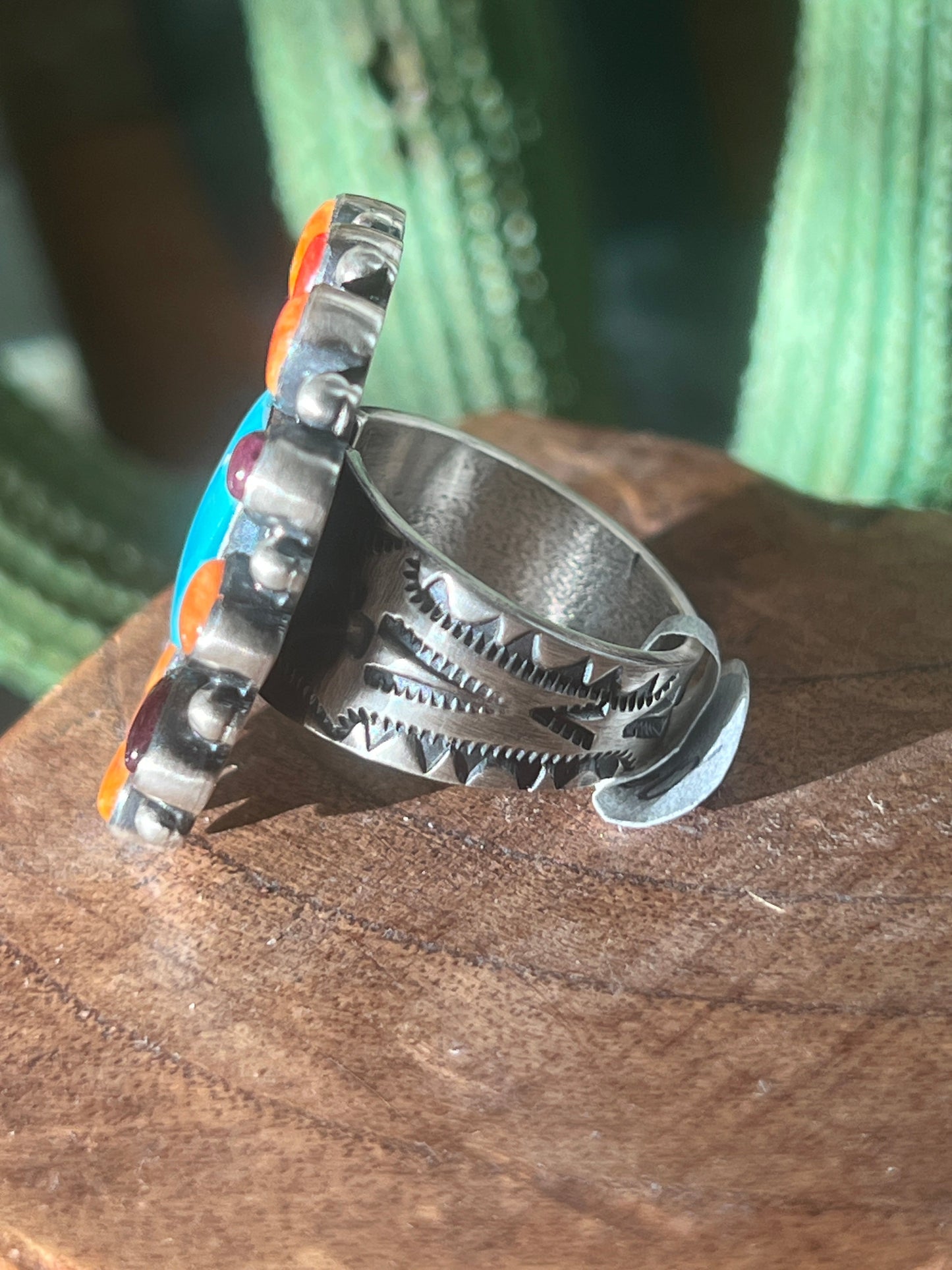 Handcrafted Electric Rainbow Turquoise and Spiny Oyster Ring by Angela Martin and Bernyse Chavez, Size 9
