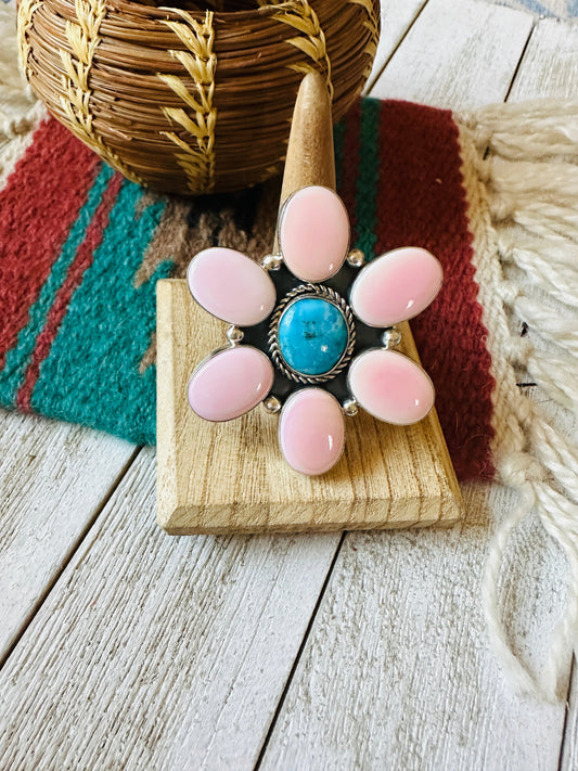 Handcrafted Sterling Silver, Queen Pink Conch & Turquoise Adjustable Flower Ring