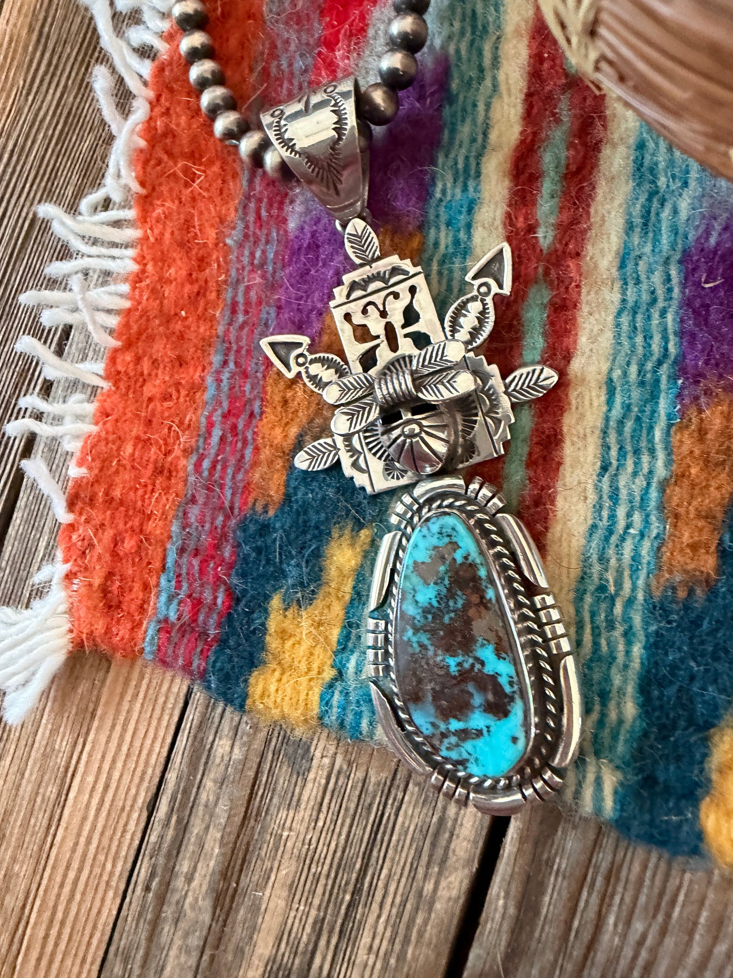 Handcrafted Sterling Silver and Valley Blue Turquoise Kachina Pendant by Freddy Charley